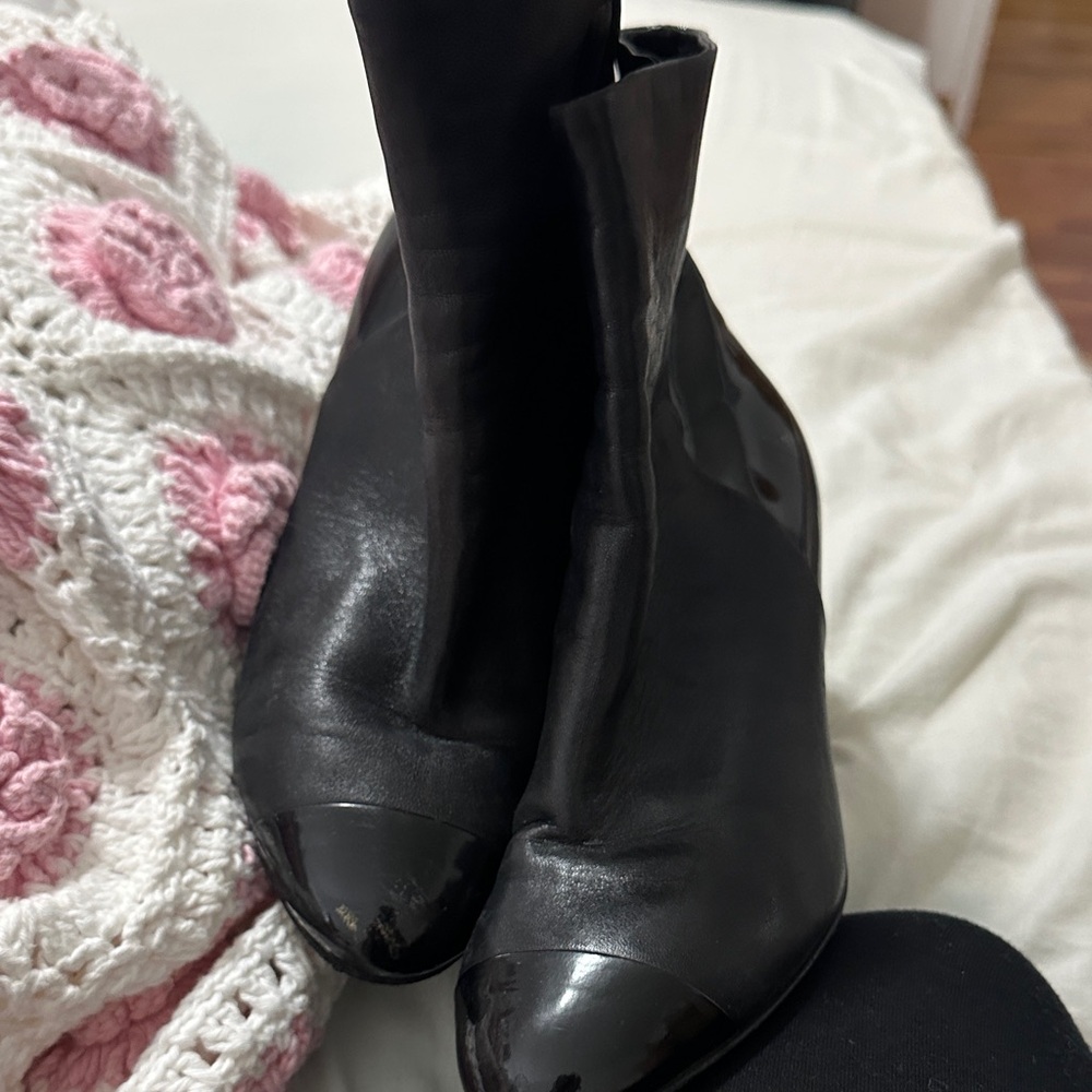 CHANEL Black Pointed-Toe Ankle Booties with Stiletto Heel